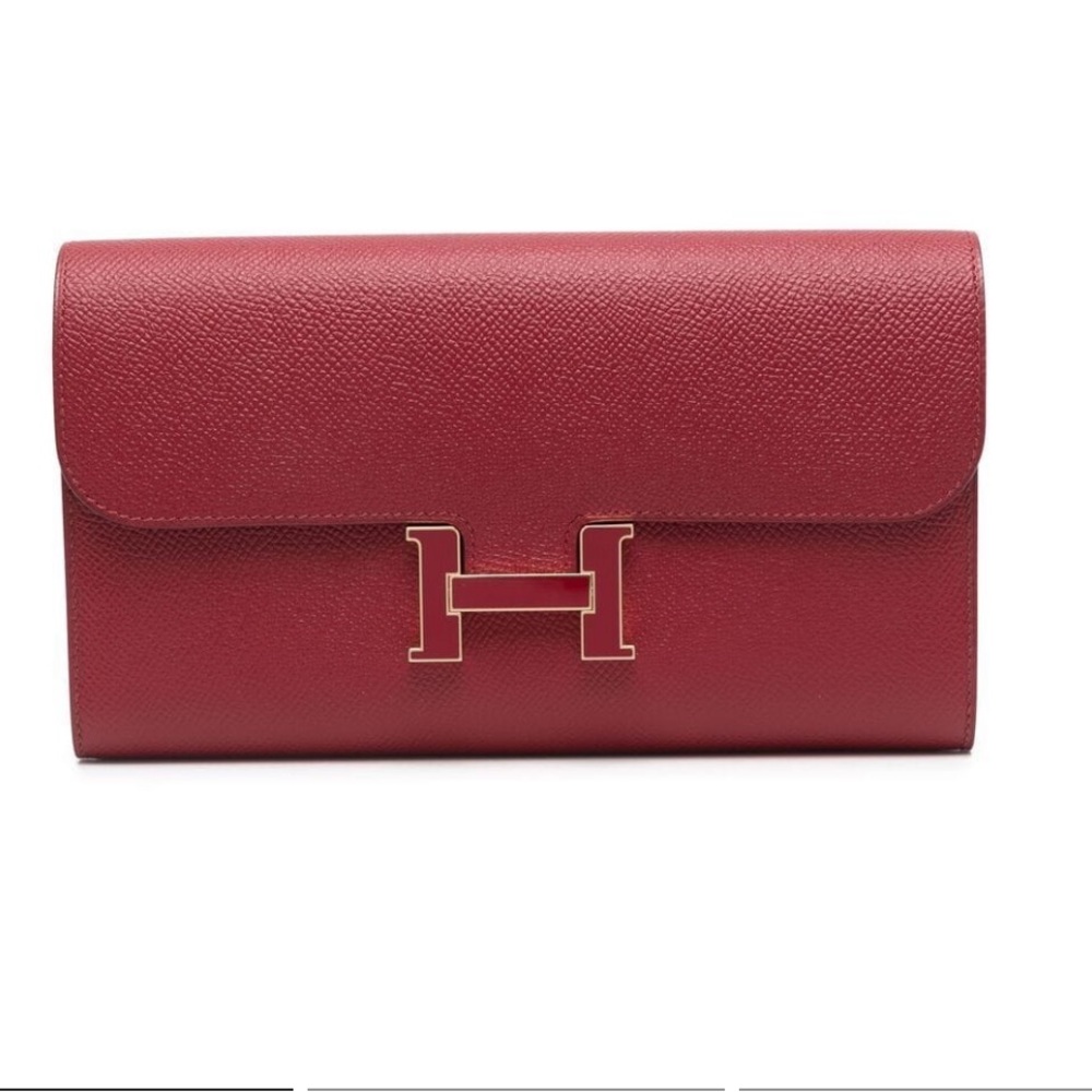 Authentic Brand new Hermes Constance long wallet with enameled buckle garnet red